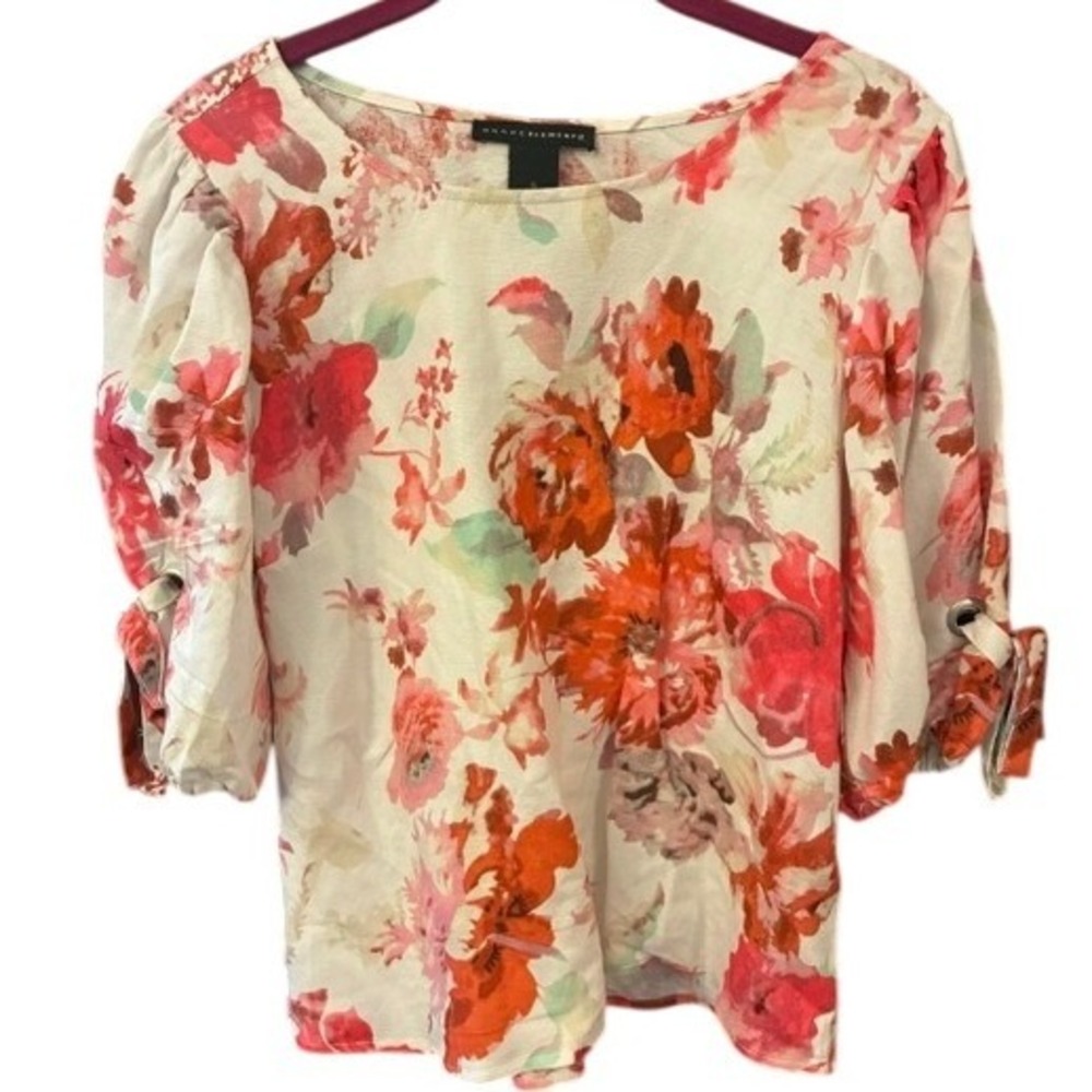 Grace Elements Floral Blouse Womens Small Pink Linen Rayon Puff Sleeve Excellent